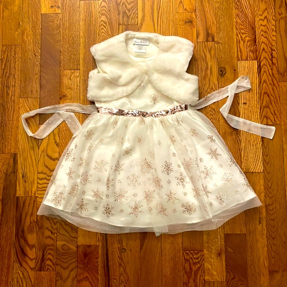 3T girls rose gold and ivory sparkle snowflake dress with faux fur shawl